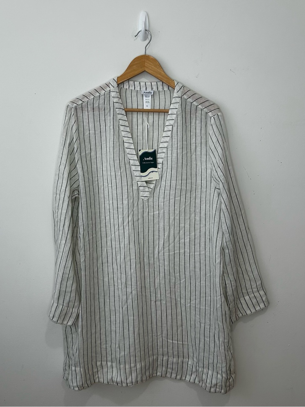 Andie Women’s White/Black Striped Linen Lyocell V-Neck 3/4 Sleeve Tunic M